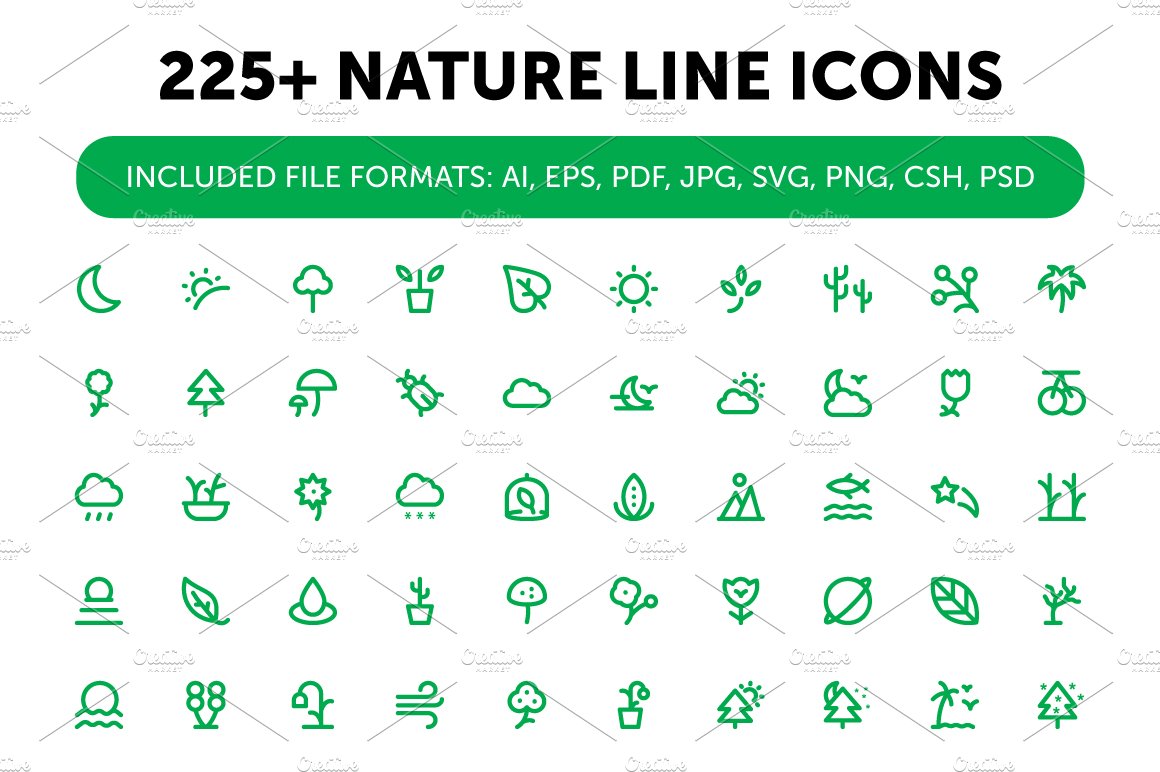 225+ Nature Line Icons Set cover image.