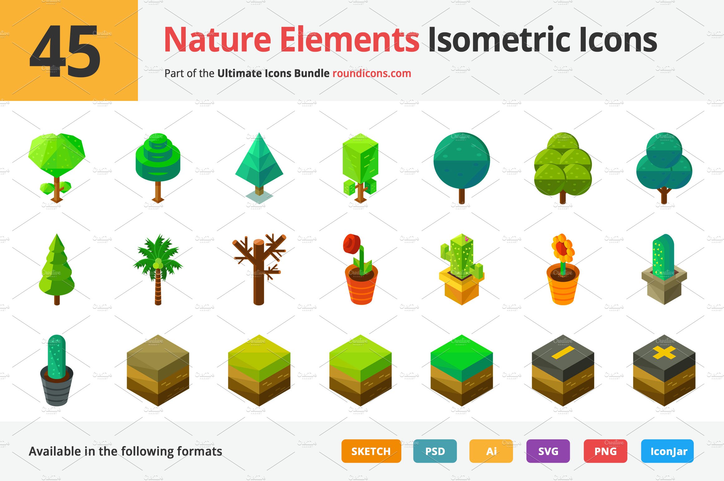 45 Nature Elements Isometric Icons cover image.