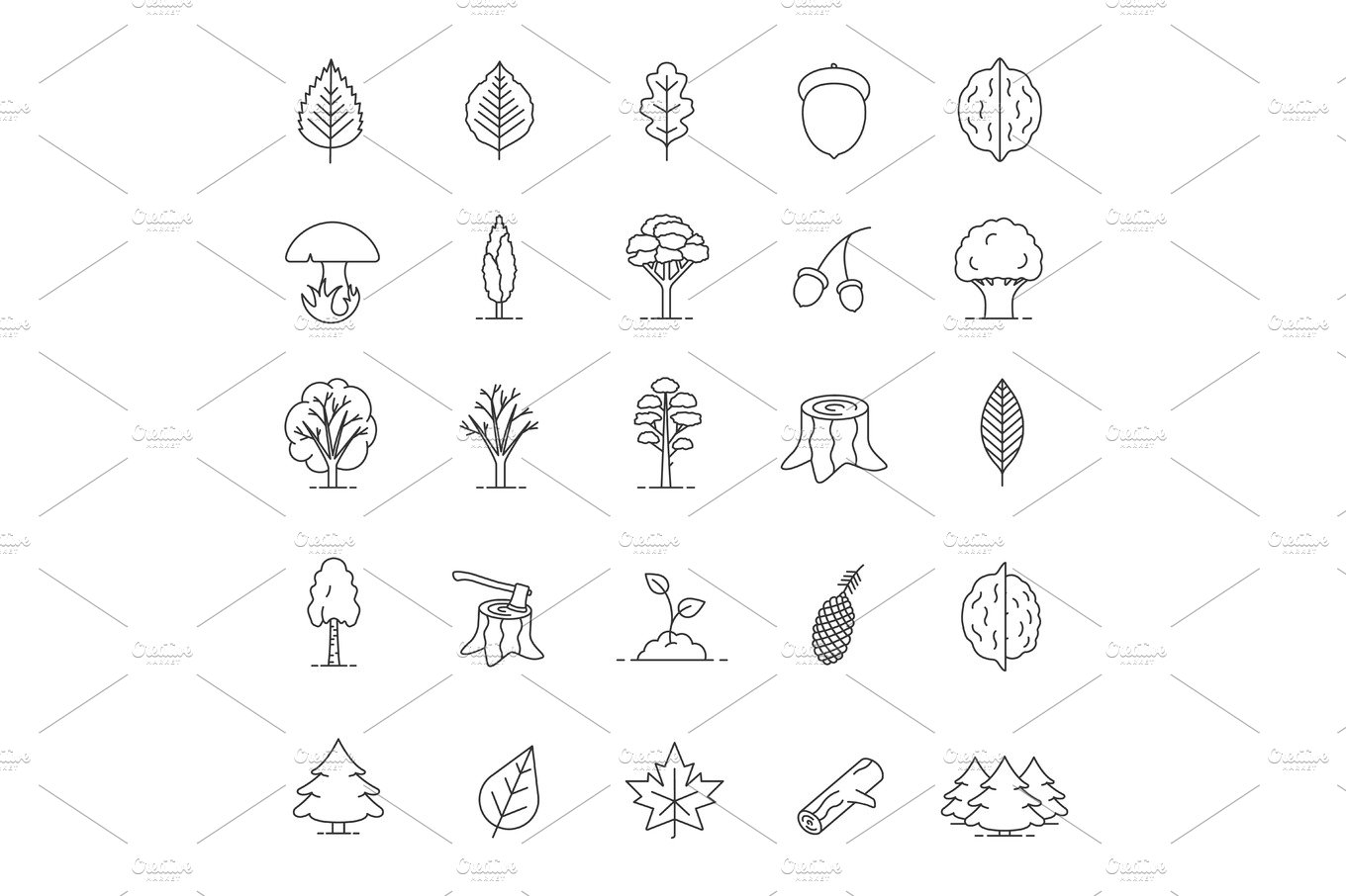 Tree types linear icons set cover image.