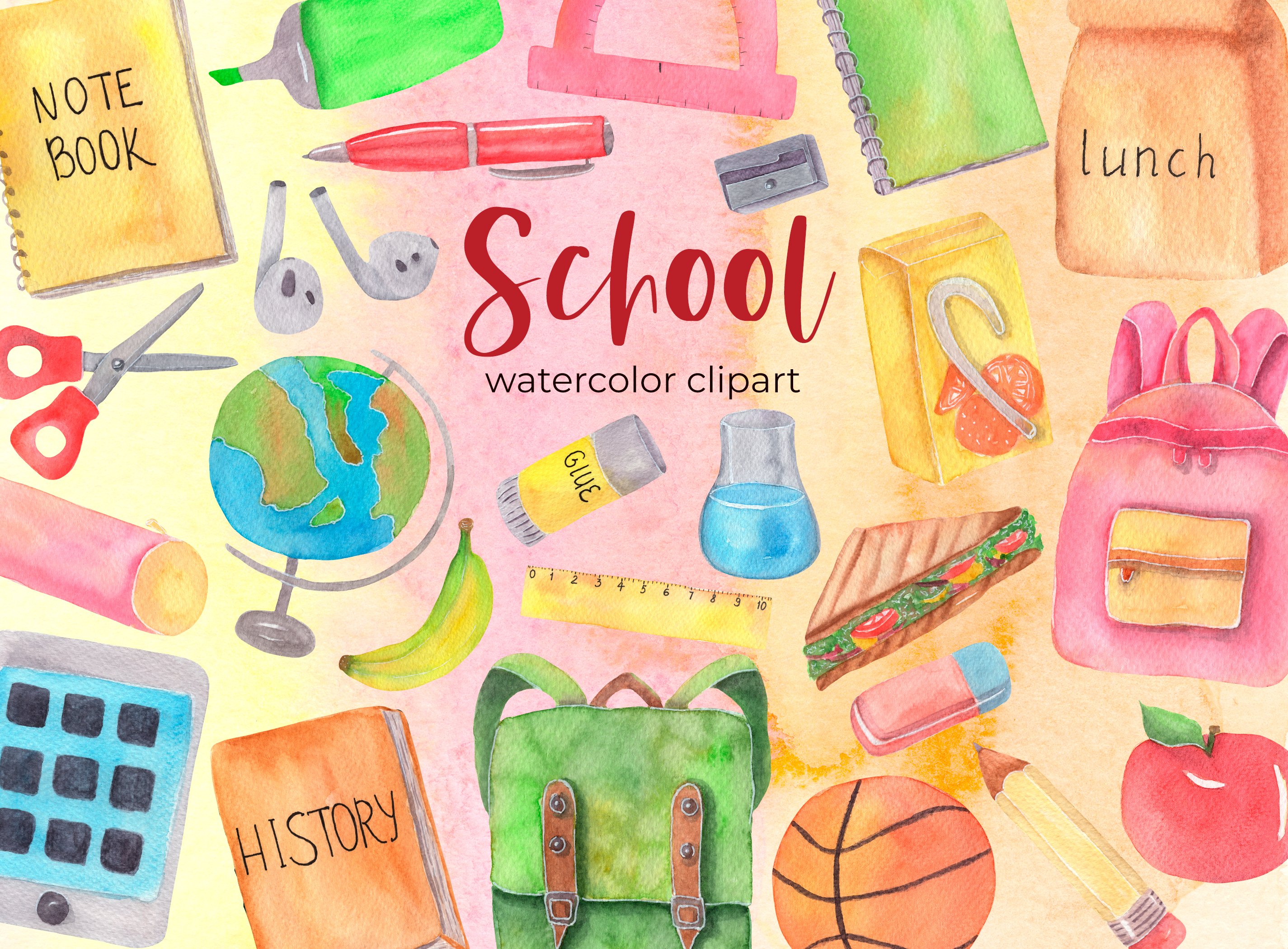 School supplies watercolor clipart cover image.