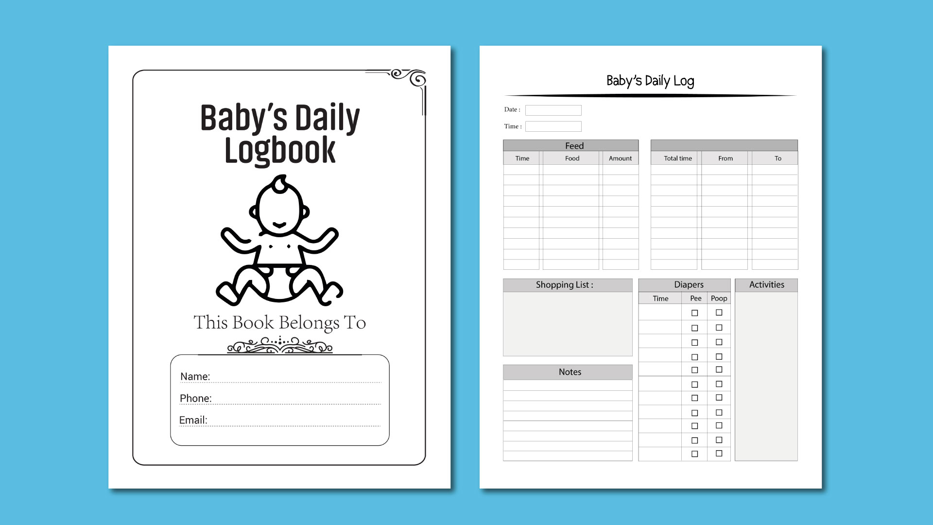 Baby's daily log book with a baby's picture on it.