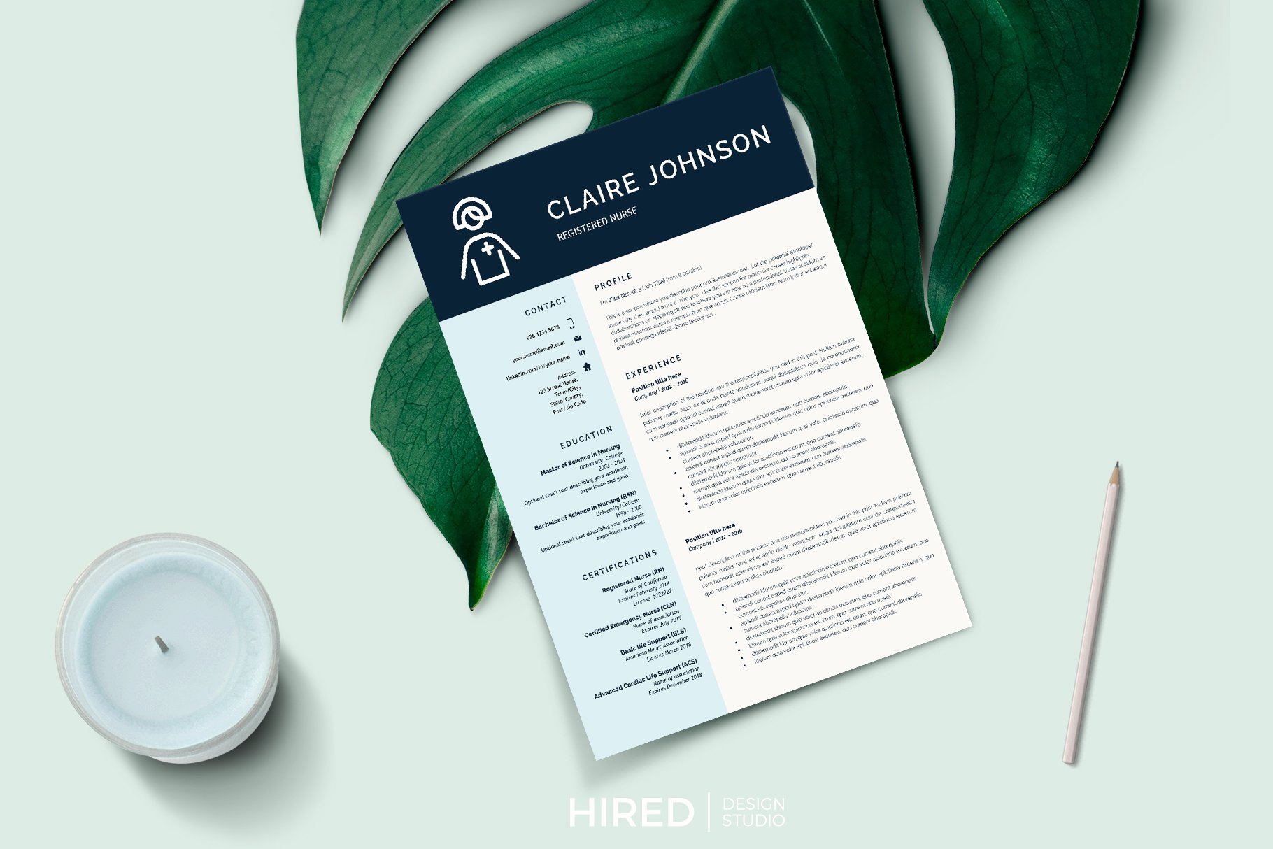 Green leaf next to a blue and white resume.