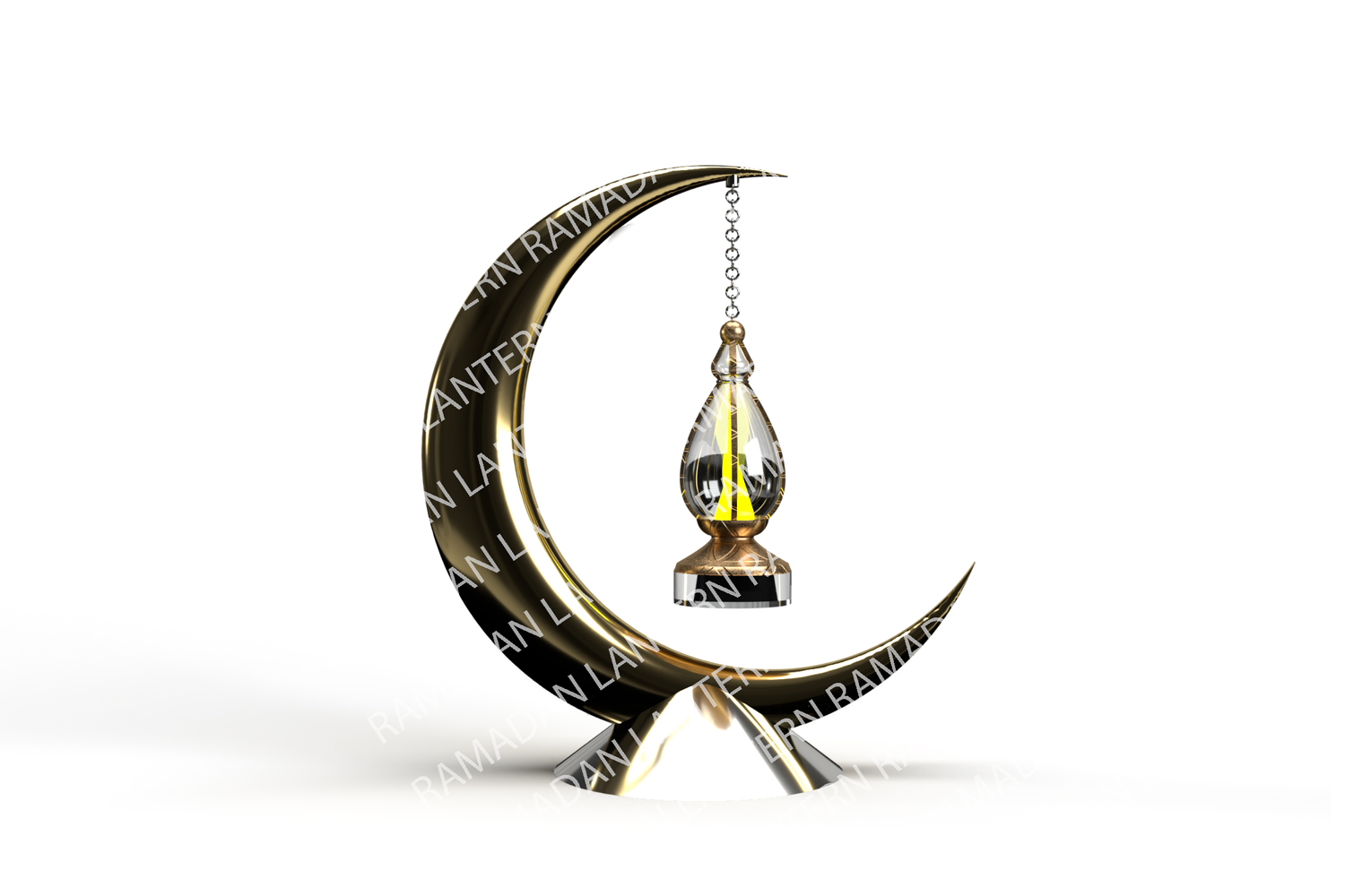 Crescent with a clock hanging from it's side.