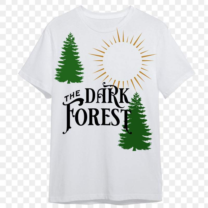 White t - shirt with the words the dark forest on it.
