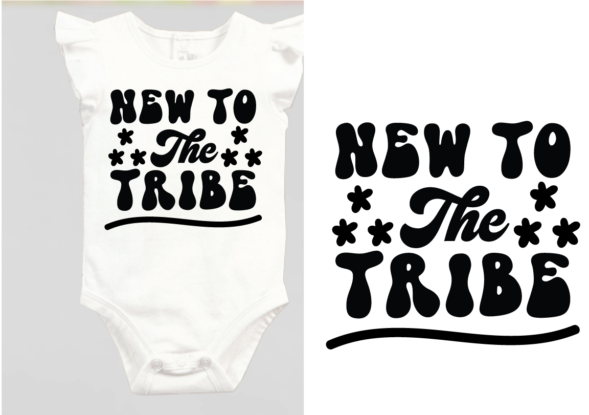 Baby bodysuit with the words new to the tribe printed on it.
