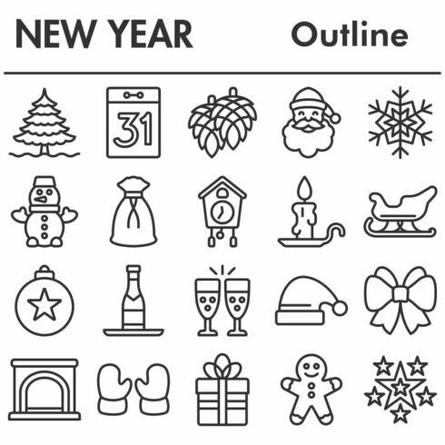 New Year icons set, outline style cover image.