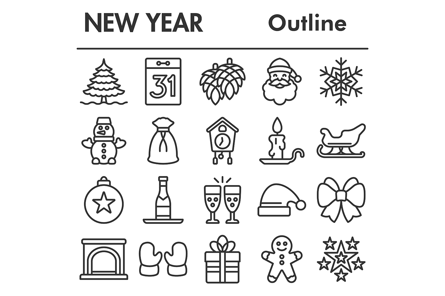 New Year icons set, outline style pinterest preview image.