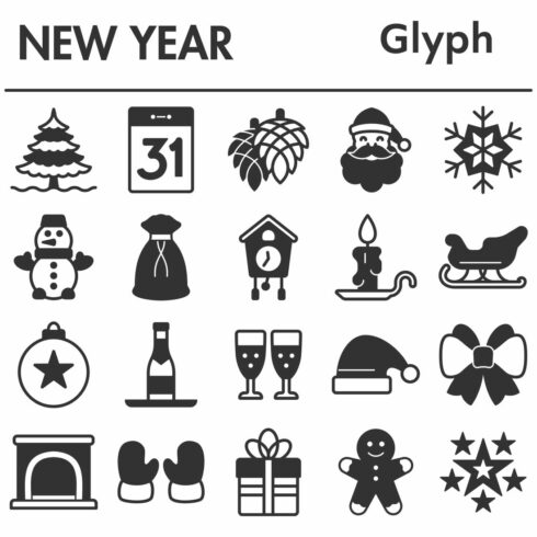 New Year icons set, glyph style cover image.