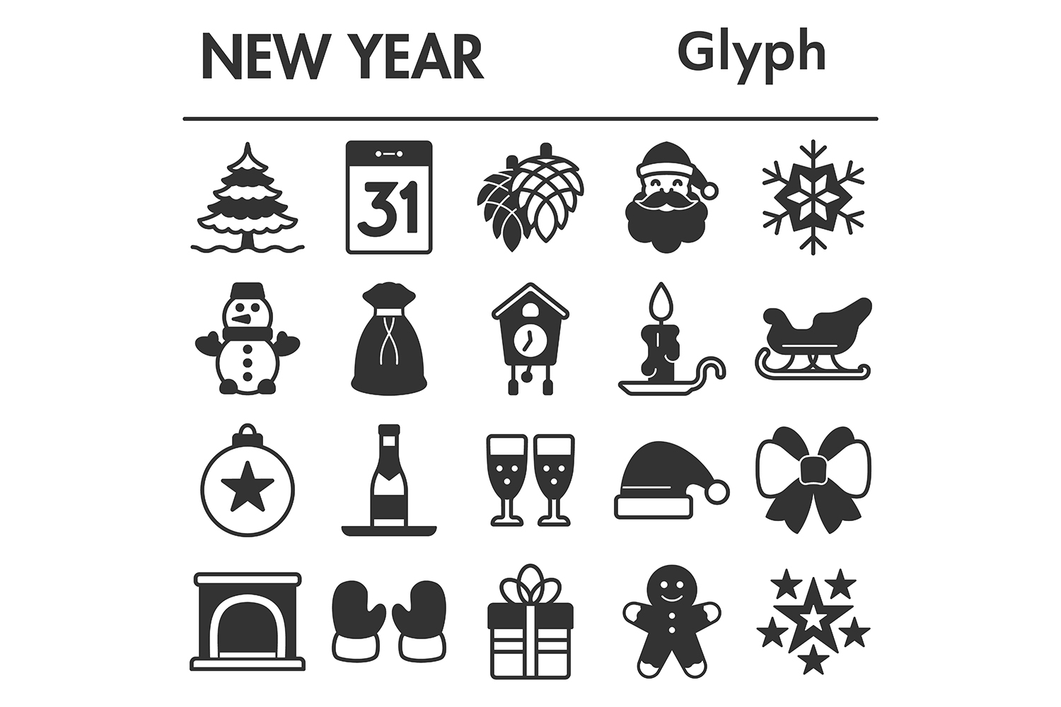 New Year icons set, glyph style pinterest preview image.