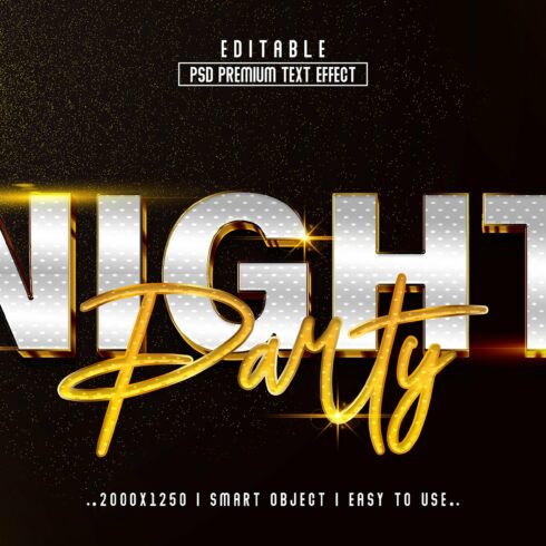 Night party flyer with gold and white lettering.