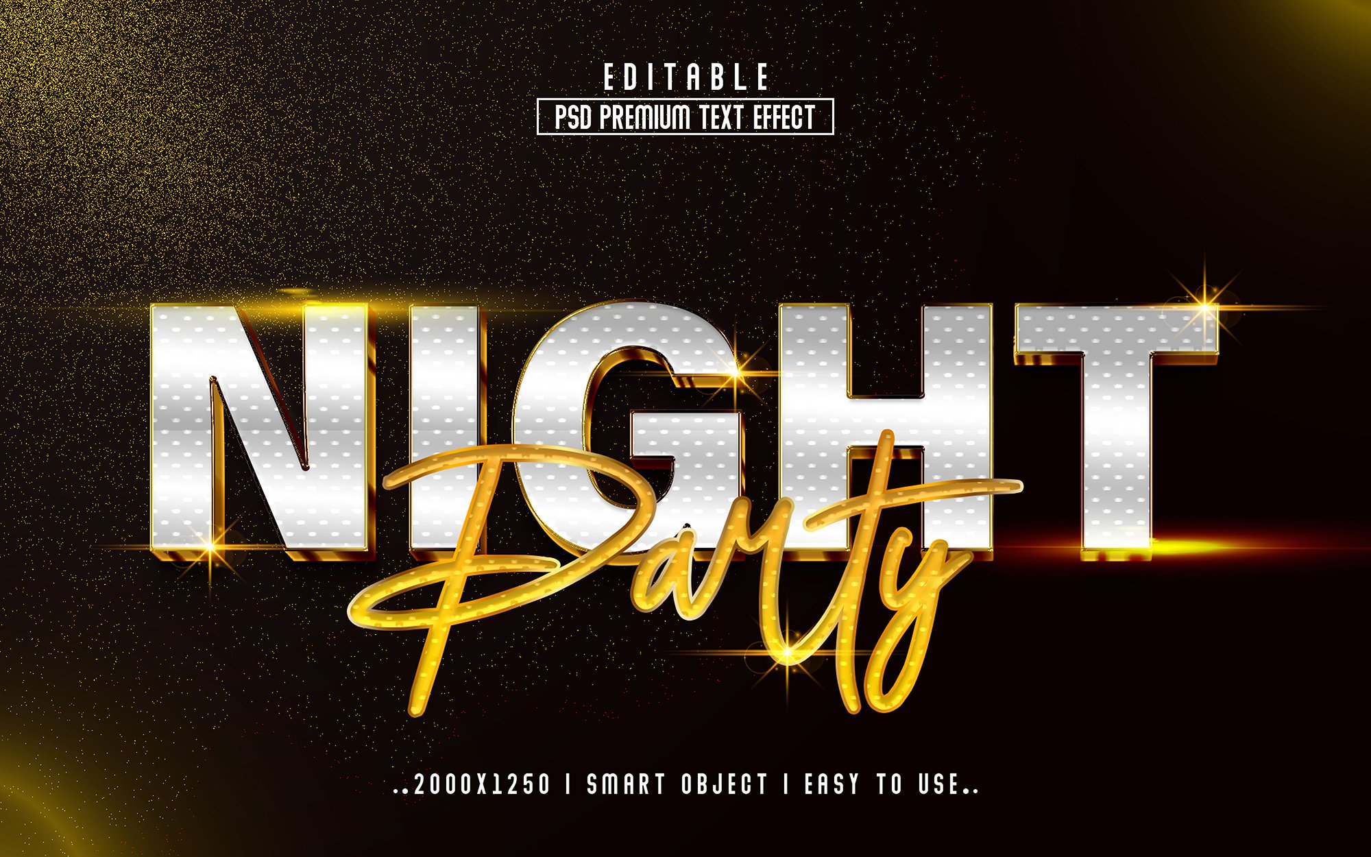 Night party flyer with gold and white lettering.