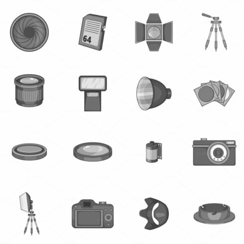 Photo studio icons set, monochrome cover image.