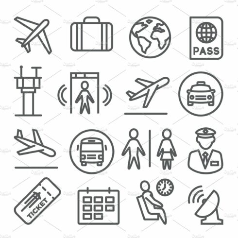Airport line icons set on white cover image.