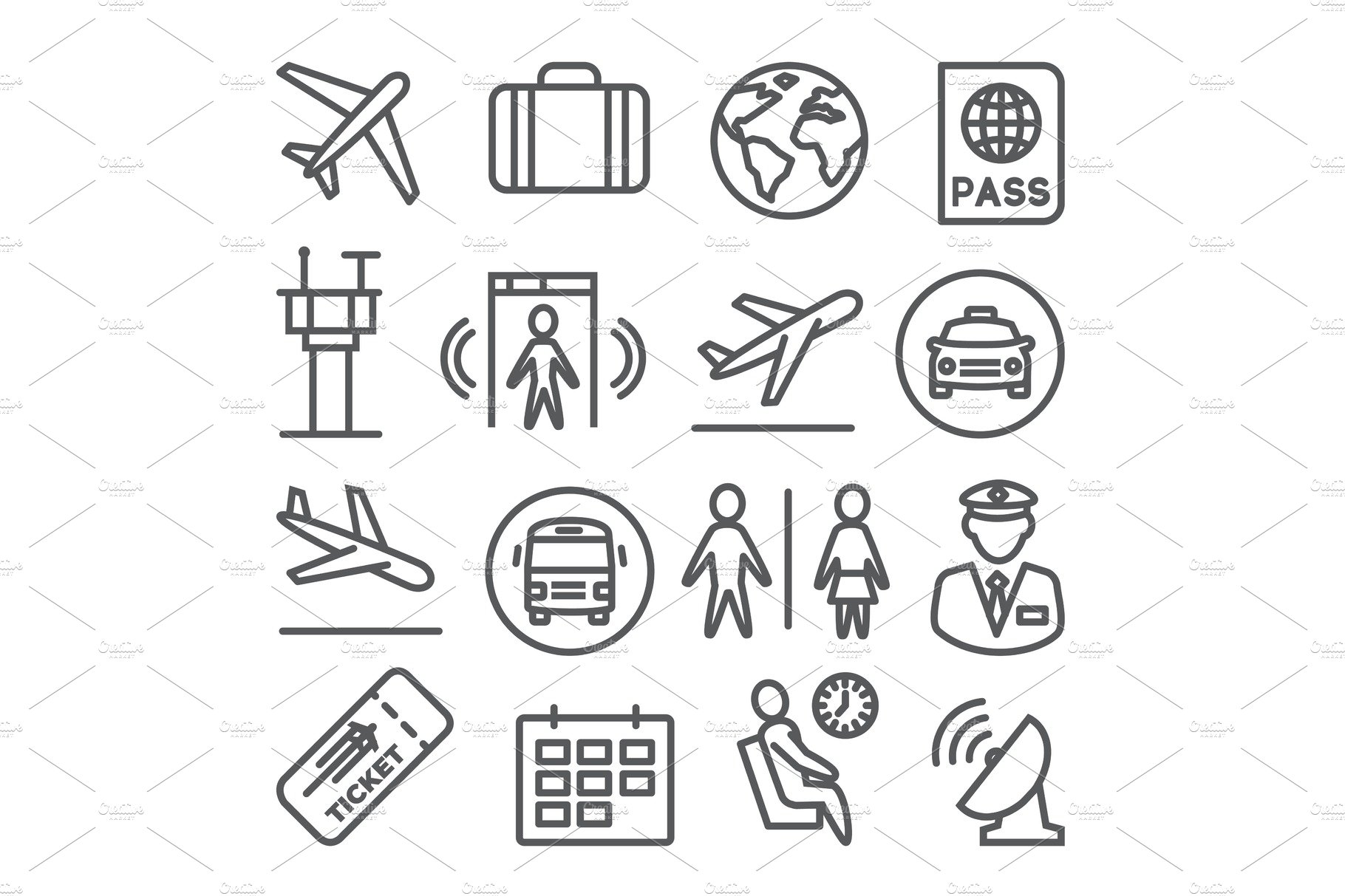 Airport line icons set on white cover image.