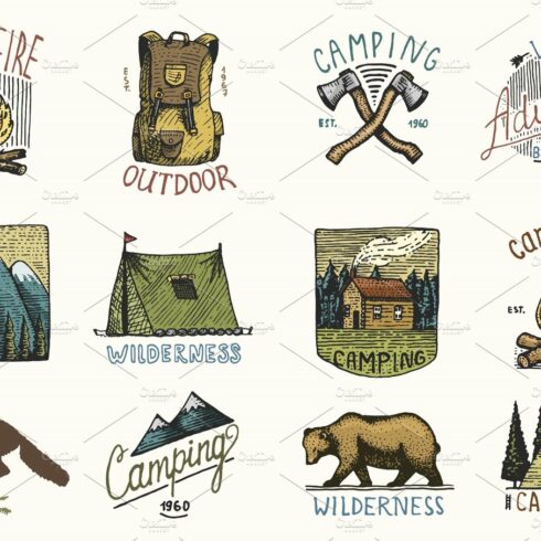 Camping, Hiking Labels. Vintage logo cover image.