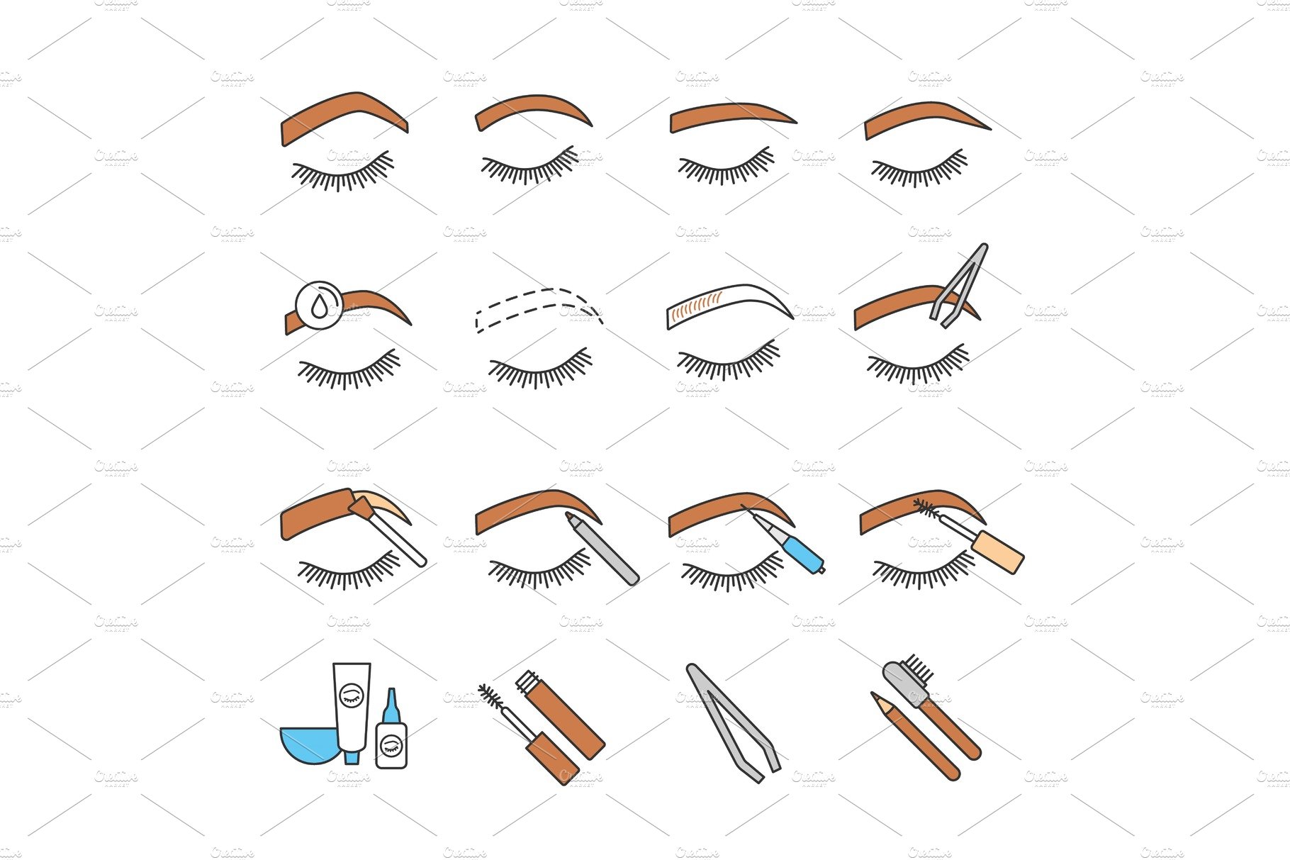 Eyebrows shaping color icons set cover image.