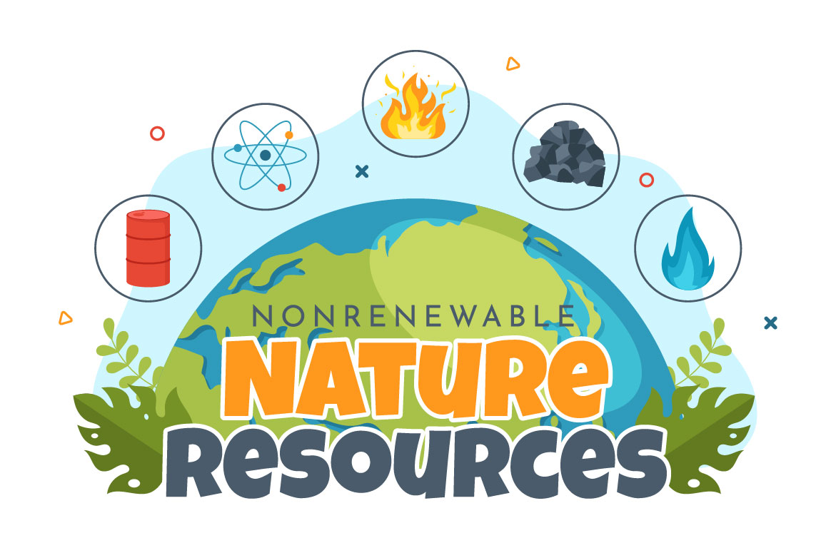 The words nonrenewable nature resources surrounded by icons.