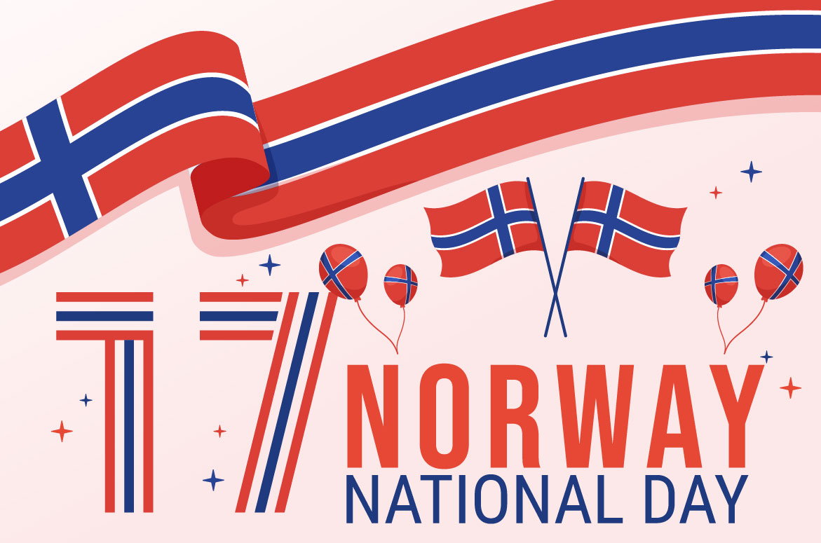 Norway national day poster with balloons and flags.