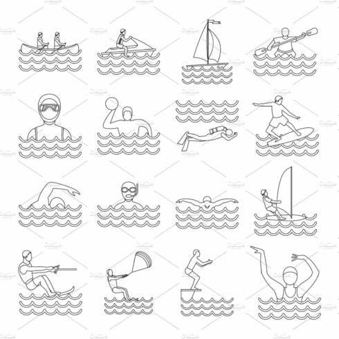 Water sport icons set, outline style cover image.
