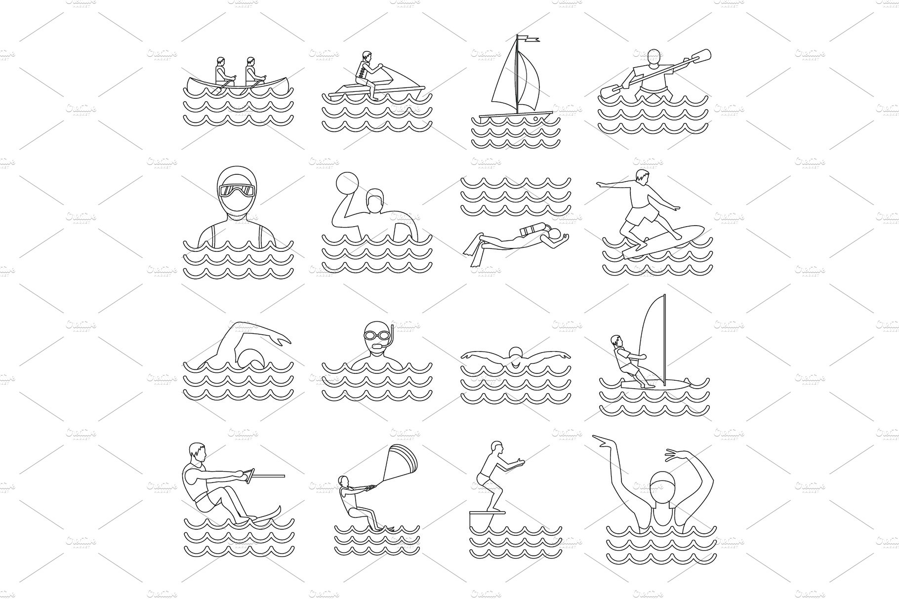 Water sport icons set, outline style cover image.