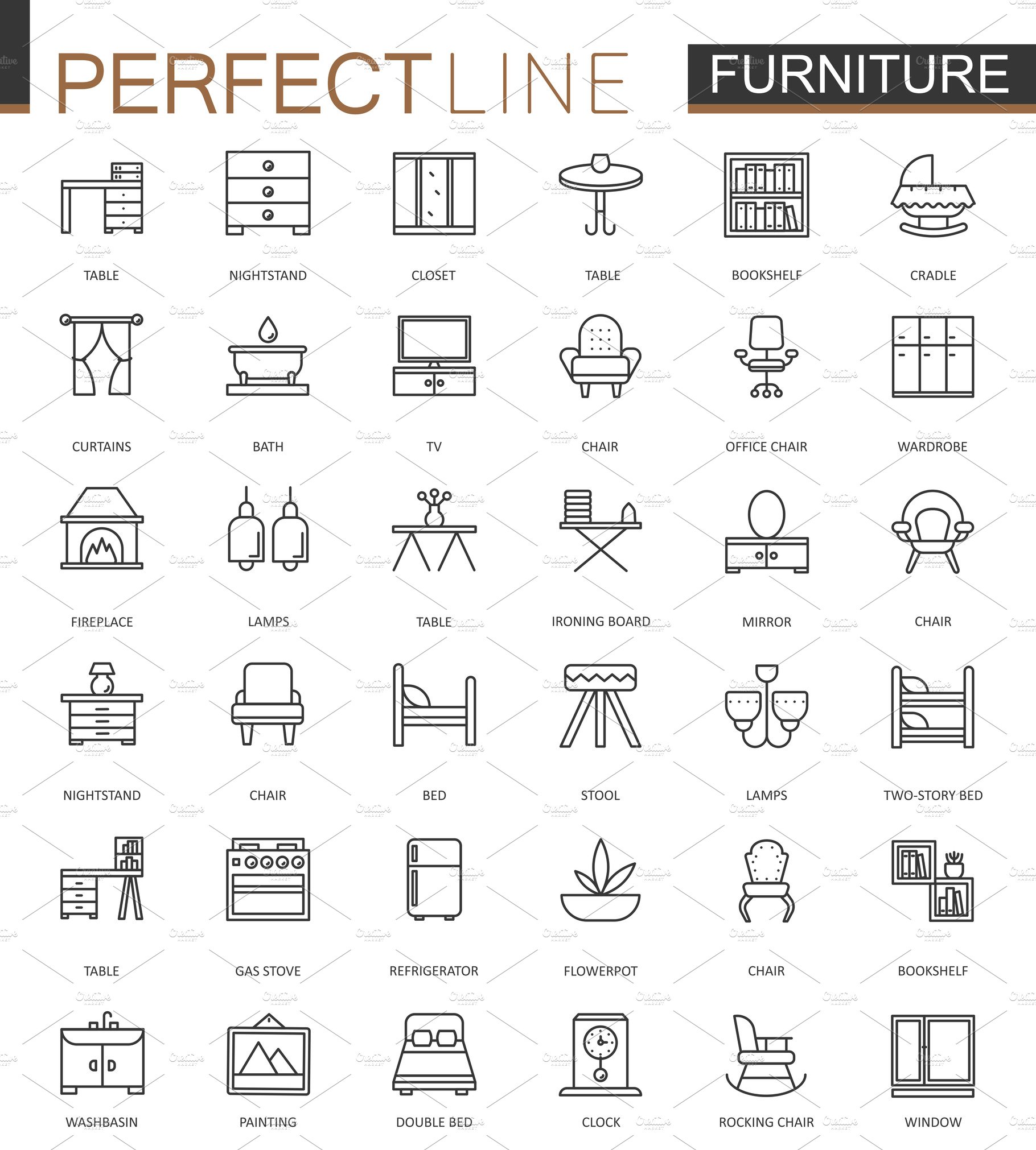 Furniture line icons set cover image.