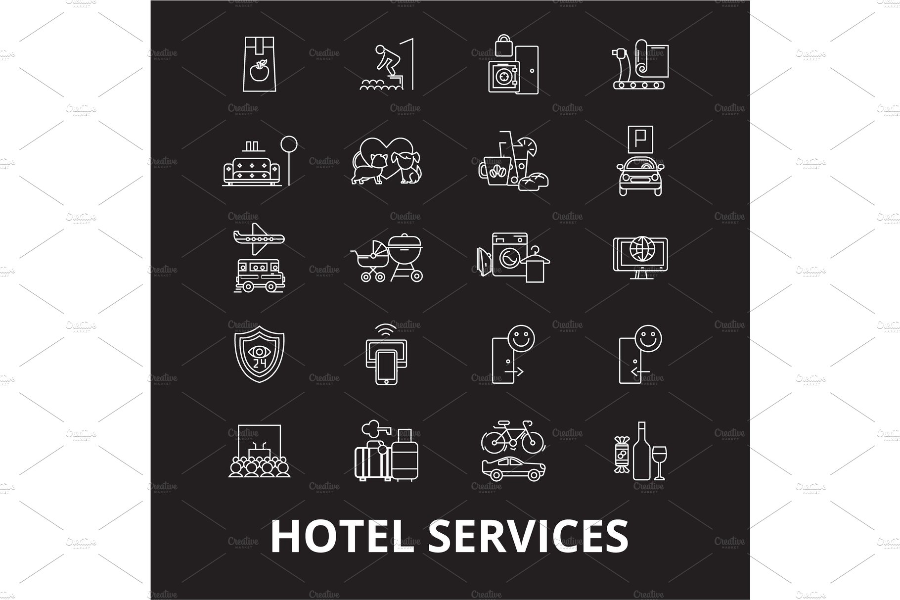 Hotel services editable line icons cover image.