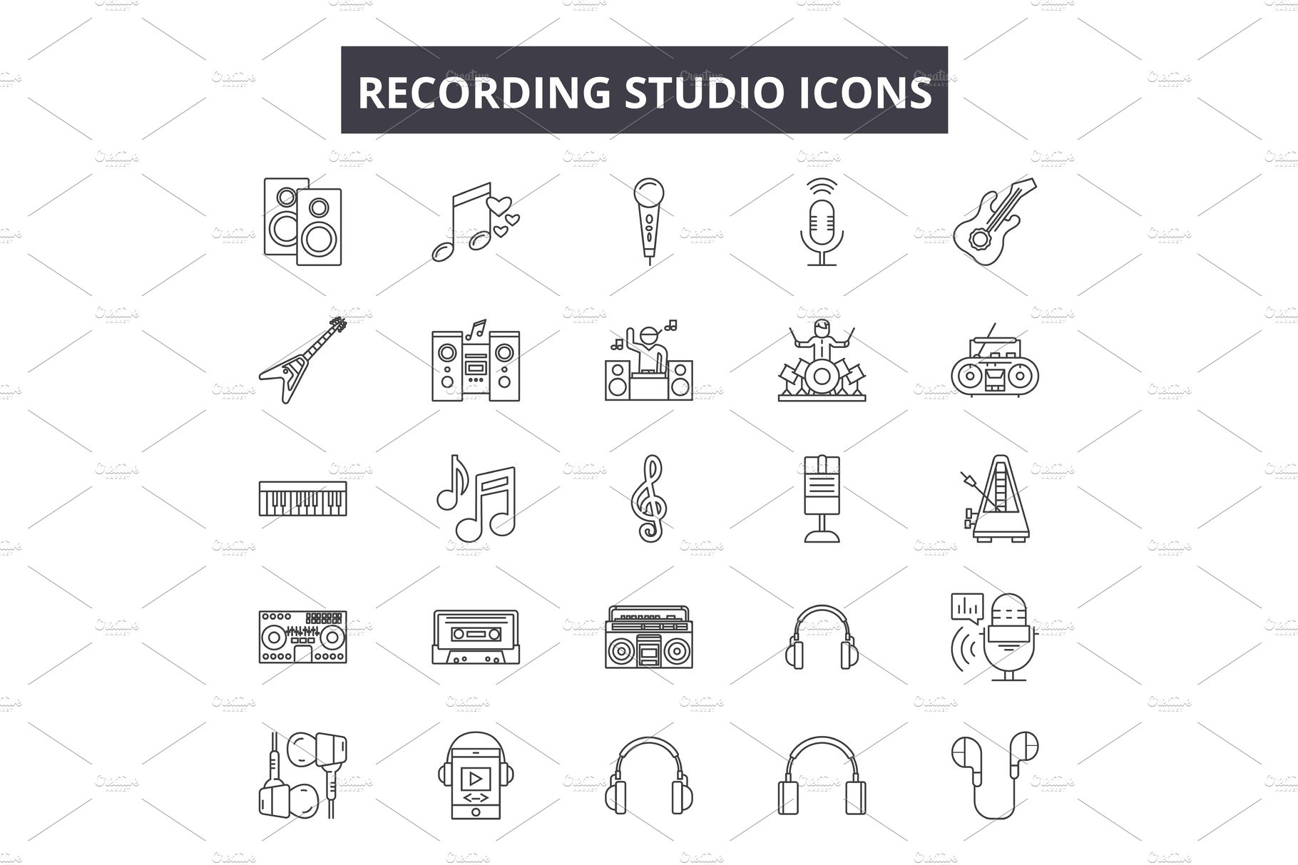 Recording studio line icons, signs cover image.