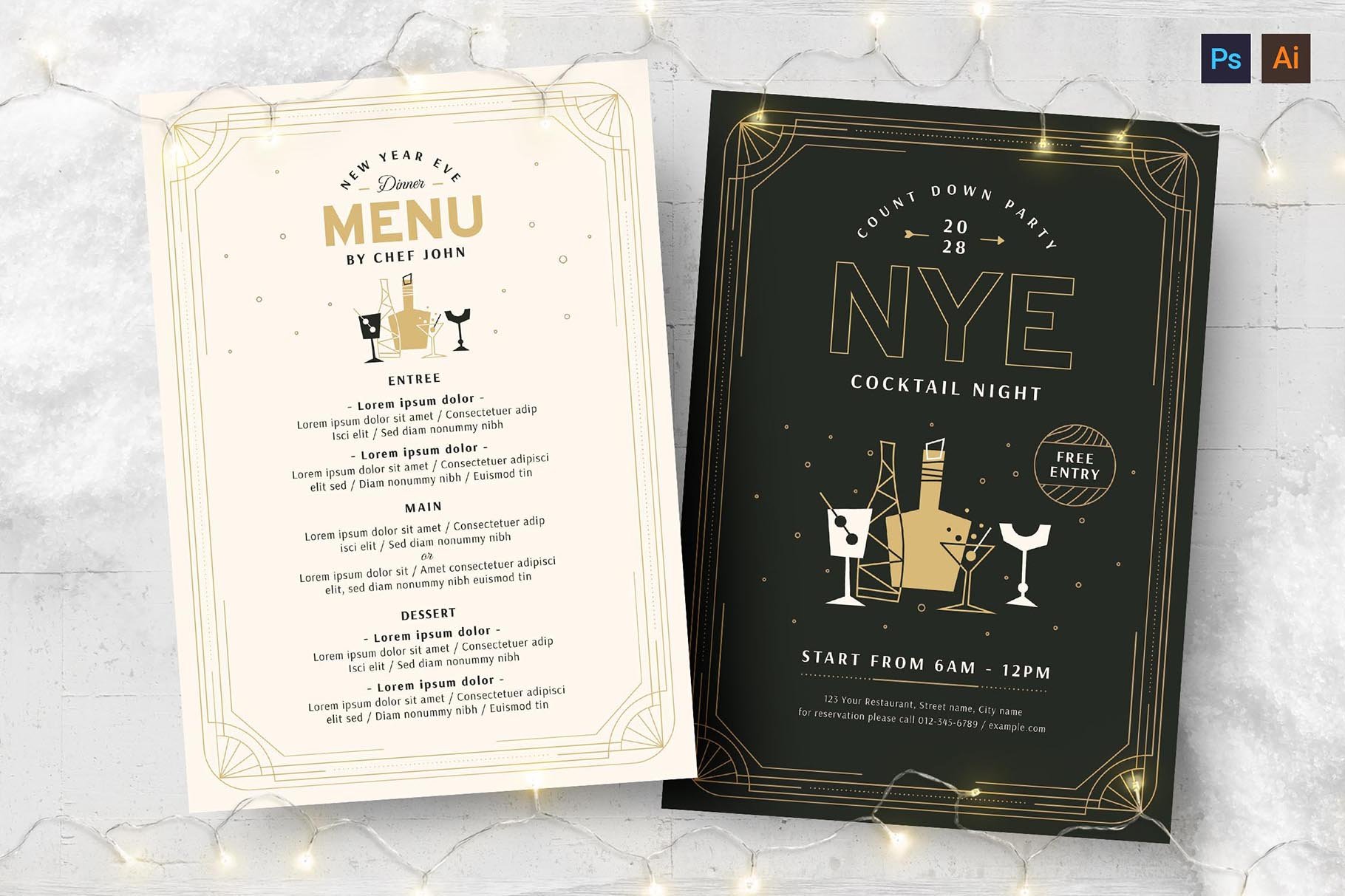 NYE Flyer & Cocktail Menu Templates cover image.