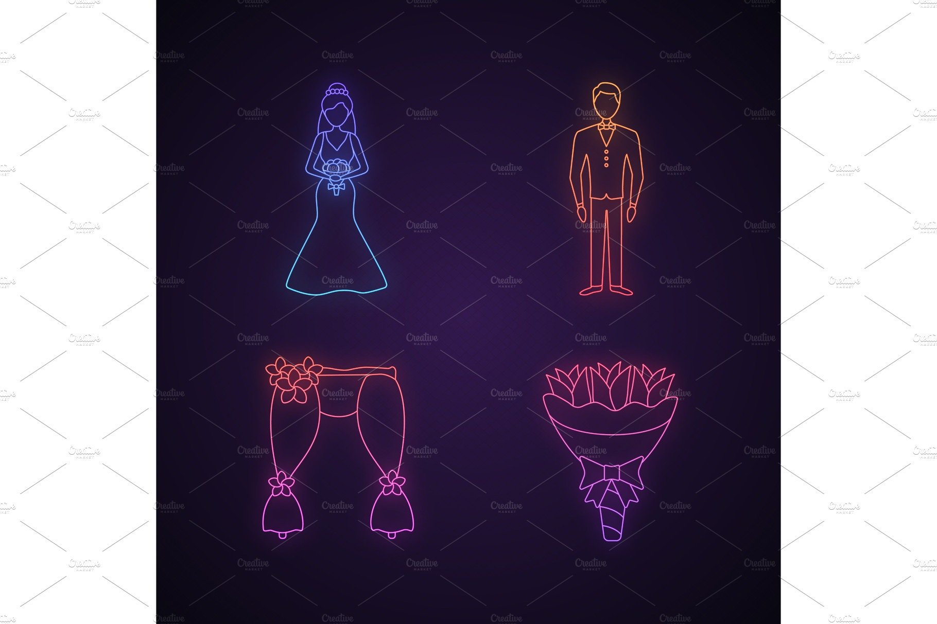 Wedding planning neon light icons cover image.