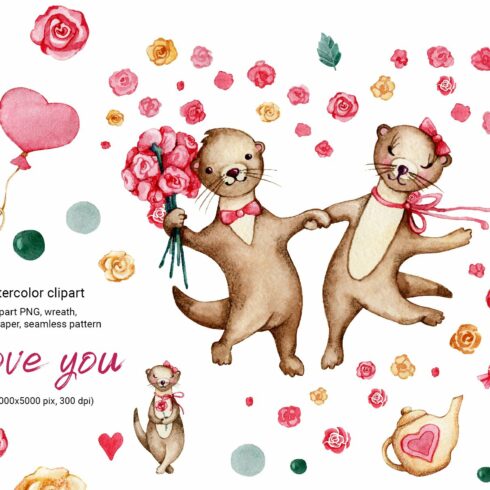 Love Otter, clipart, digital paper cover image.