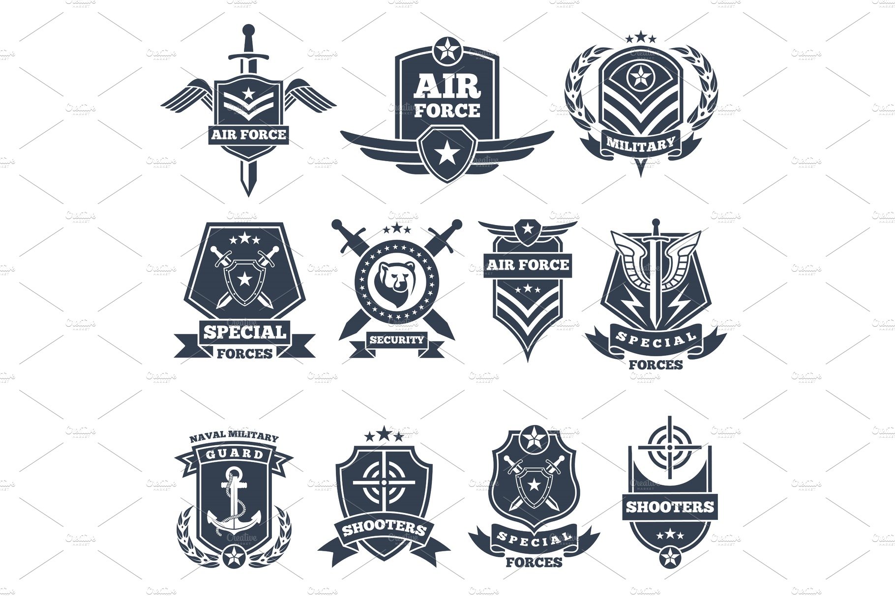 Military logos and badges. Army symbols isolated on white background cover image.