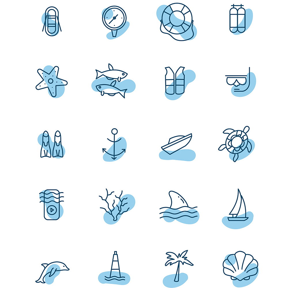 Set of blue and white icons on a white background.
