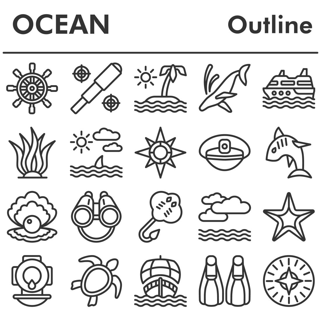 Black and white outline drawing of ocean related items.