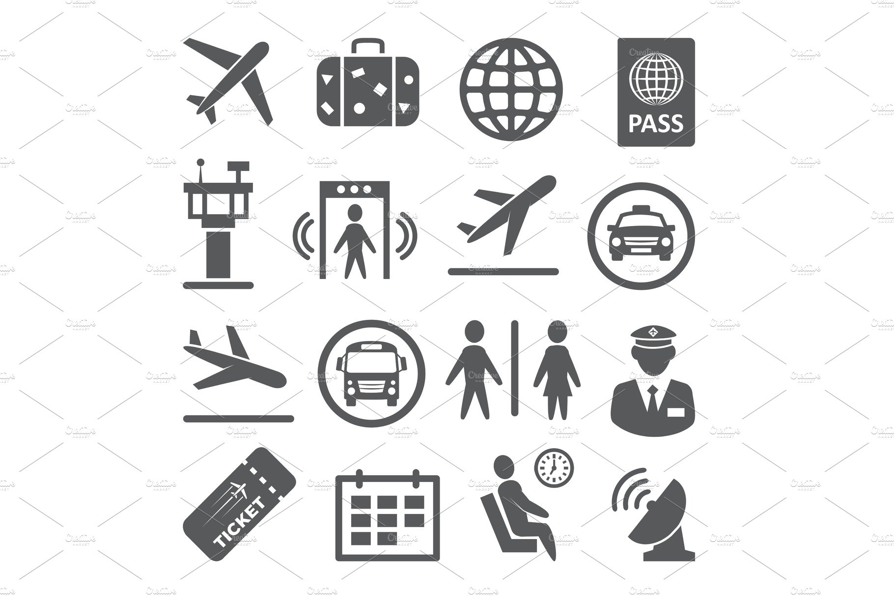 Airport icons set on white cover image.