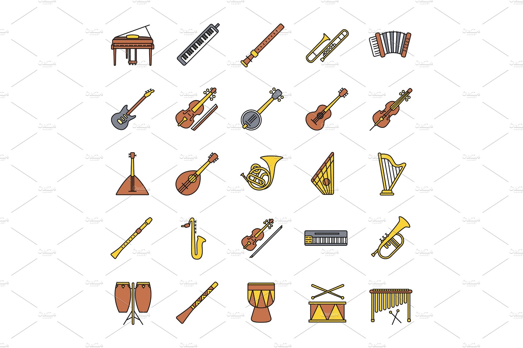 Musical instruments color icons set cover image.