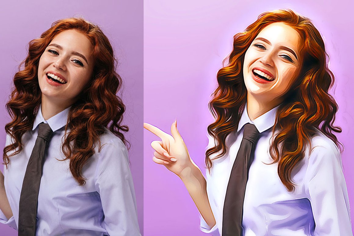 Two pictures of a woman with red hair and a tie.