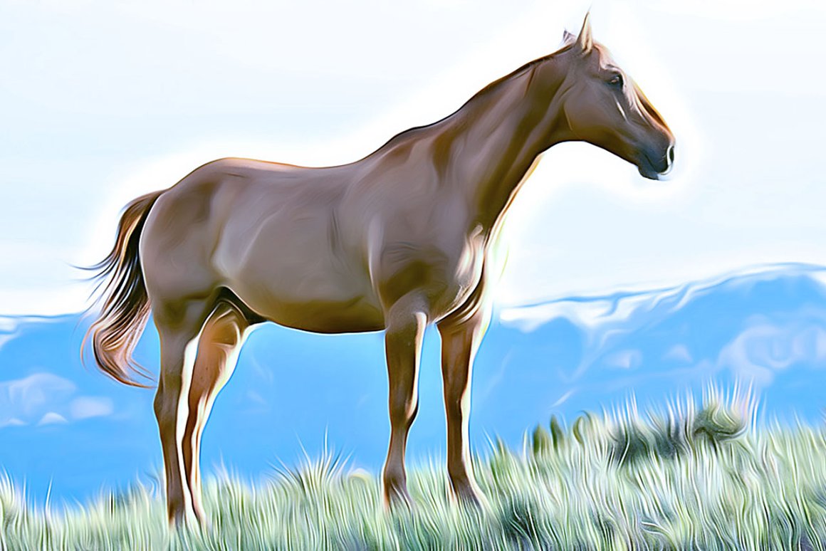 Brown horse standing on top of a lush green field.