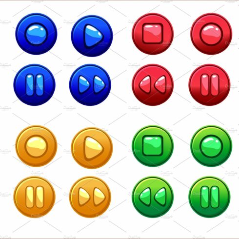 Cartoon Colored Audio buttons, vector UI game assets cover image.
