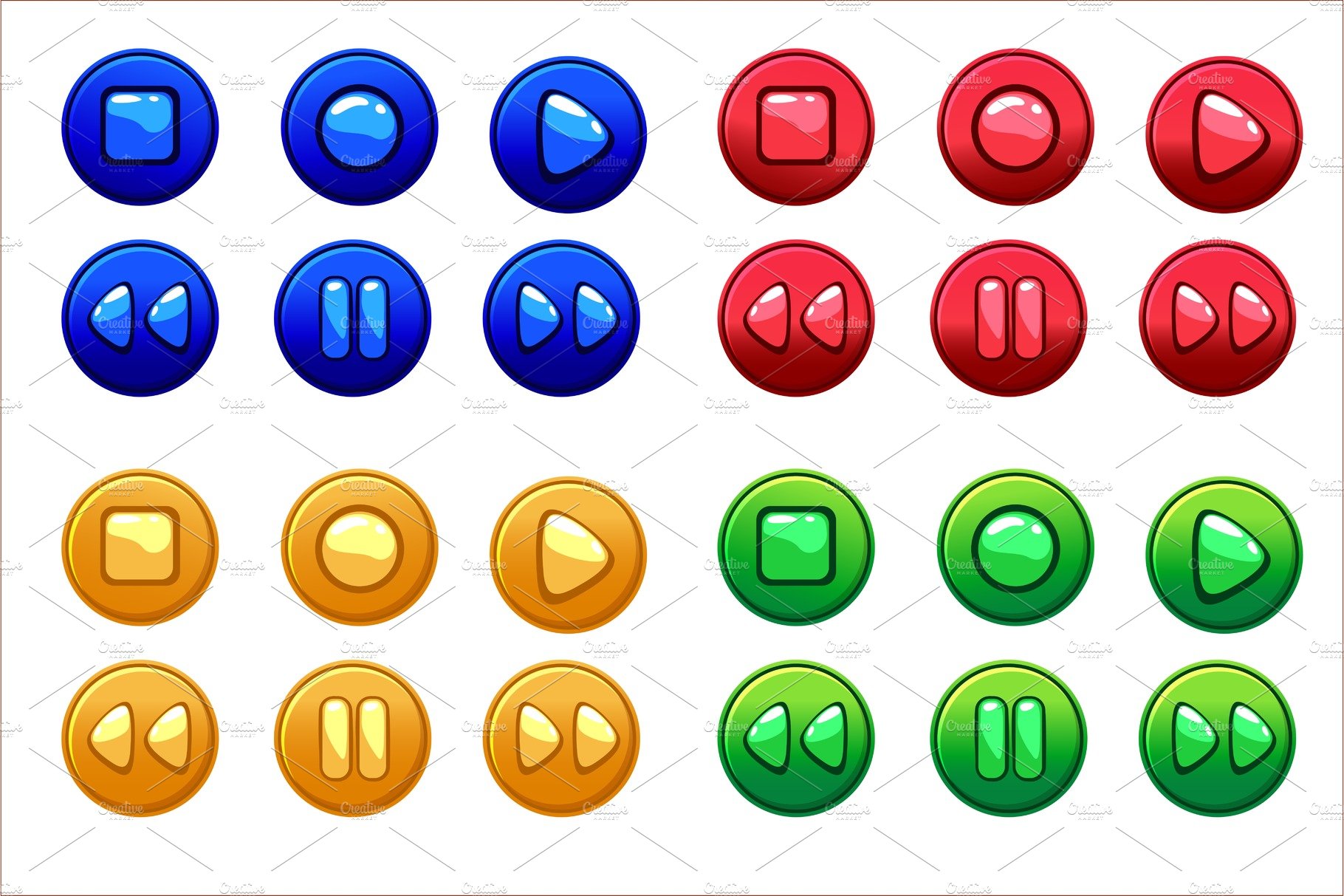 Cartoon Colored Audio buttons, vector UI game assets cover image.