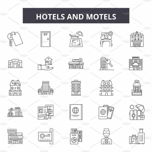 Hotels and motels line icons, signs cover image.