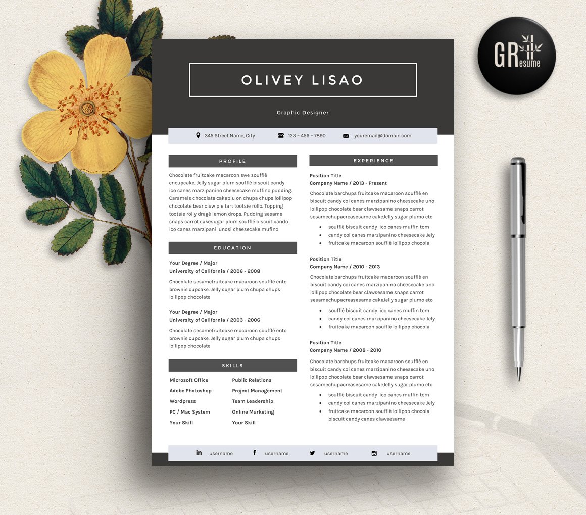 Professional resume template with a yellow flower.