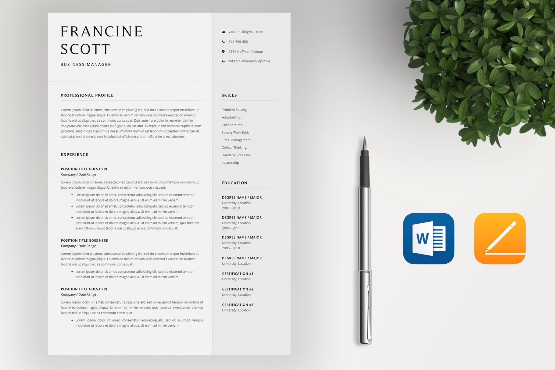 Resume Template / 4 Pages CV preview image.
