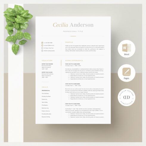 Resume template with a green plant on top of it.
