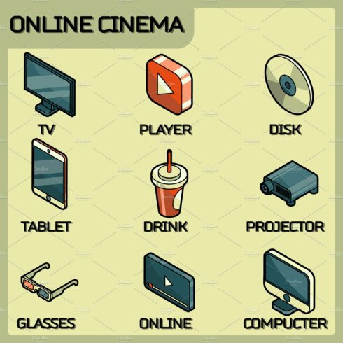 Online cinema isometric icons cover image.