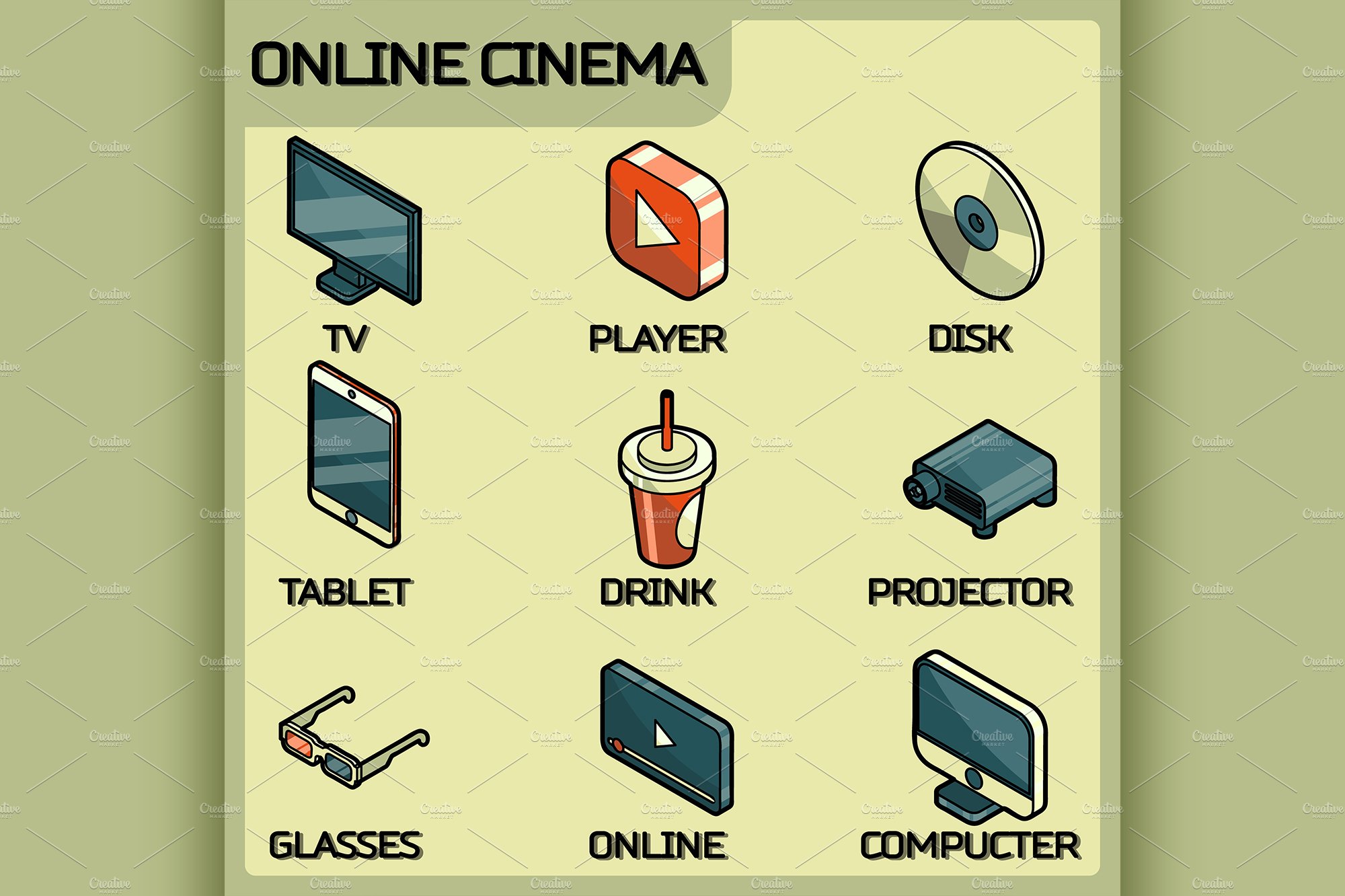 Online cinema isometric icons cover image.