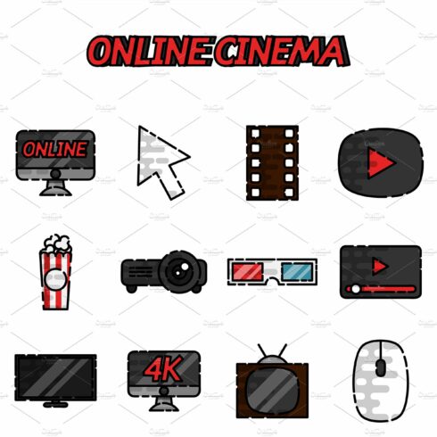 Online cinema flat icons set cover image.