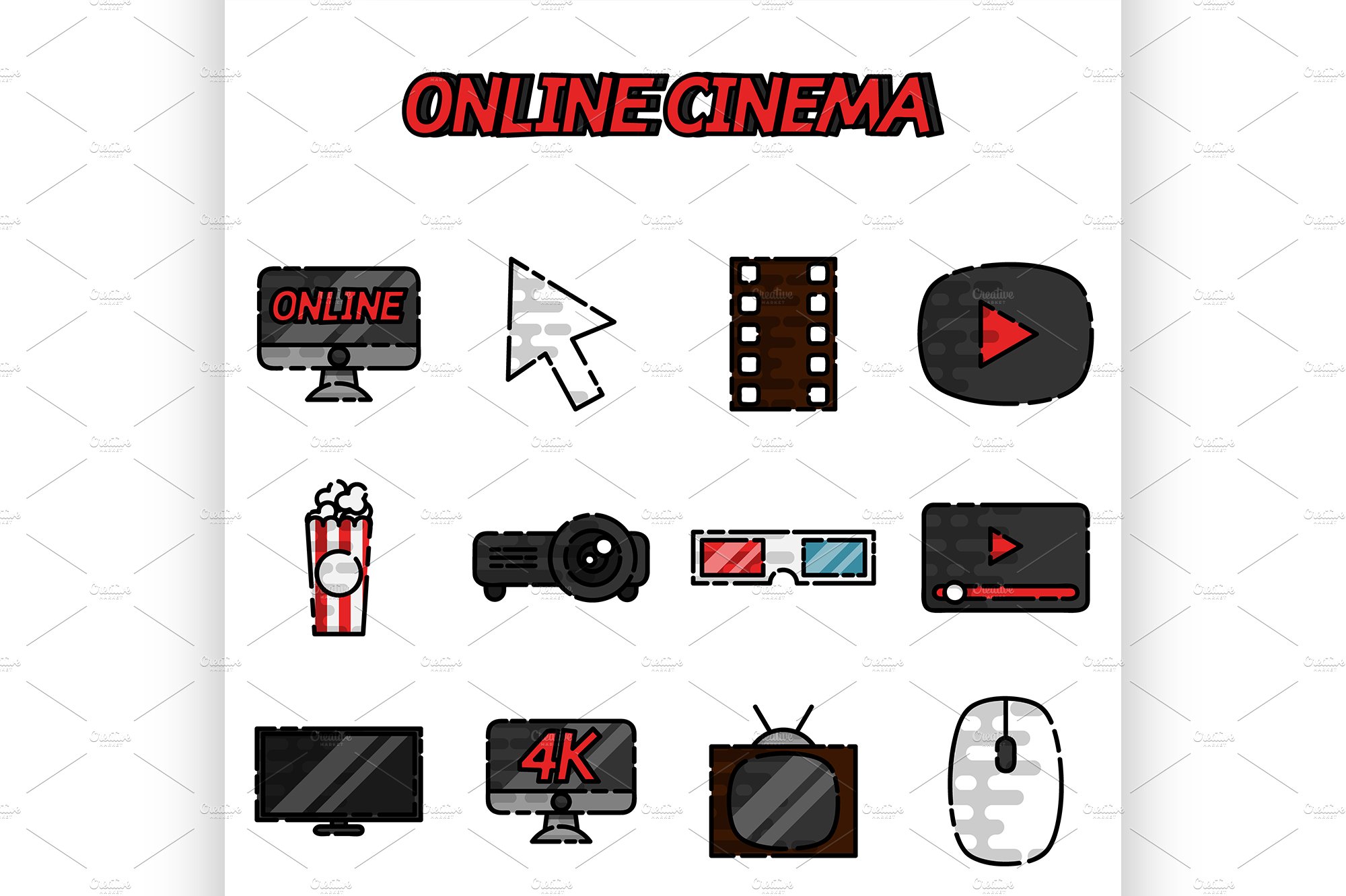 Online cinema flat icons set cover image.