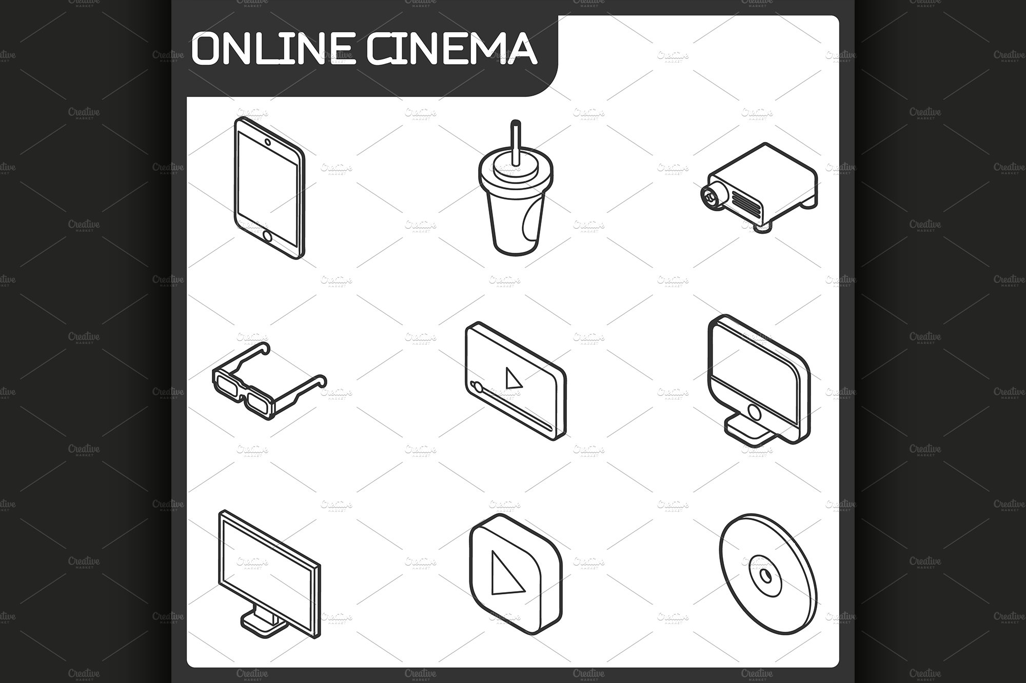 Online cinema isometric icons cover image.