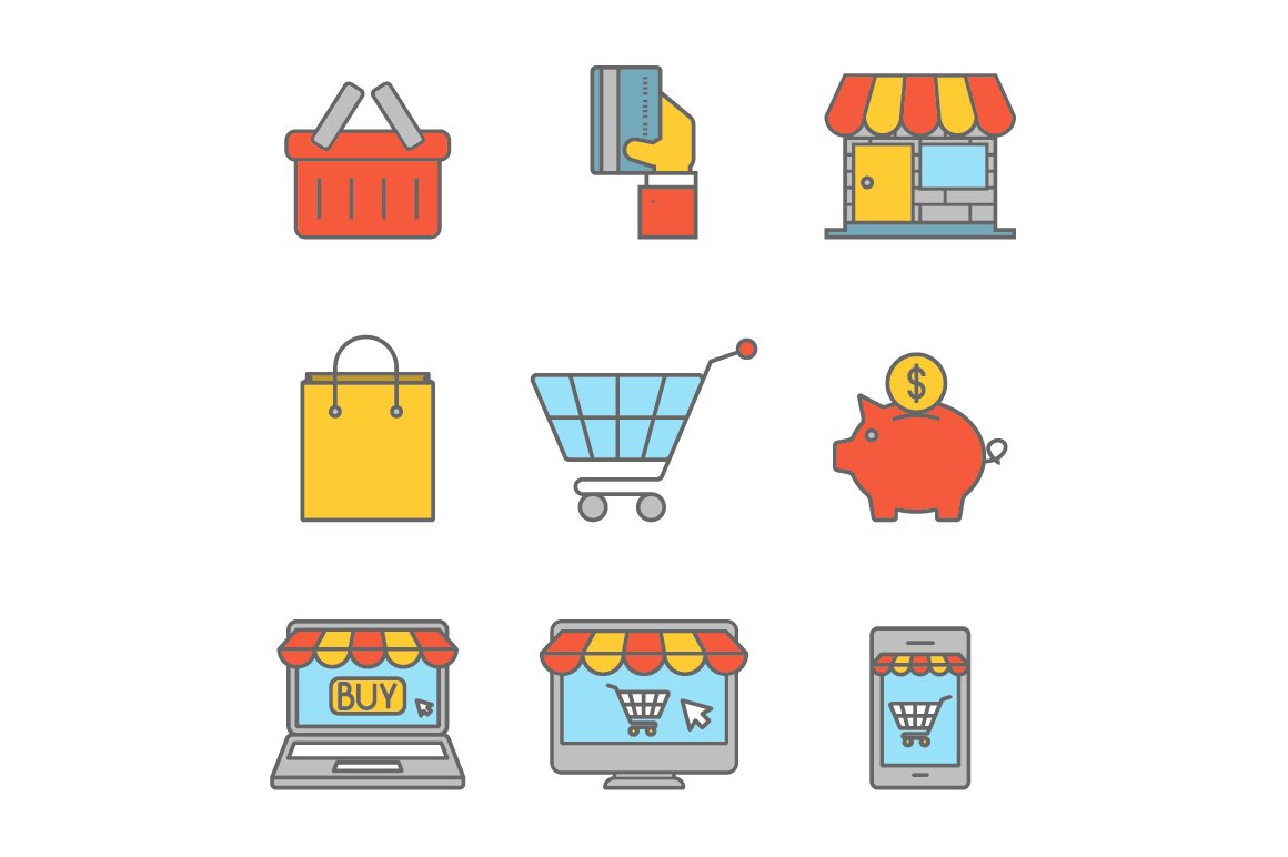 Online shopping outline flat icons cover image.
