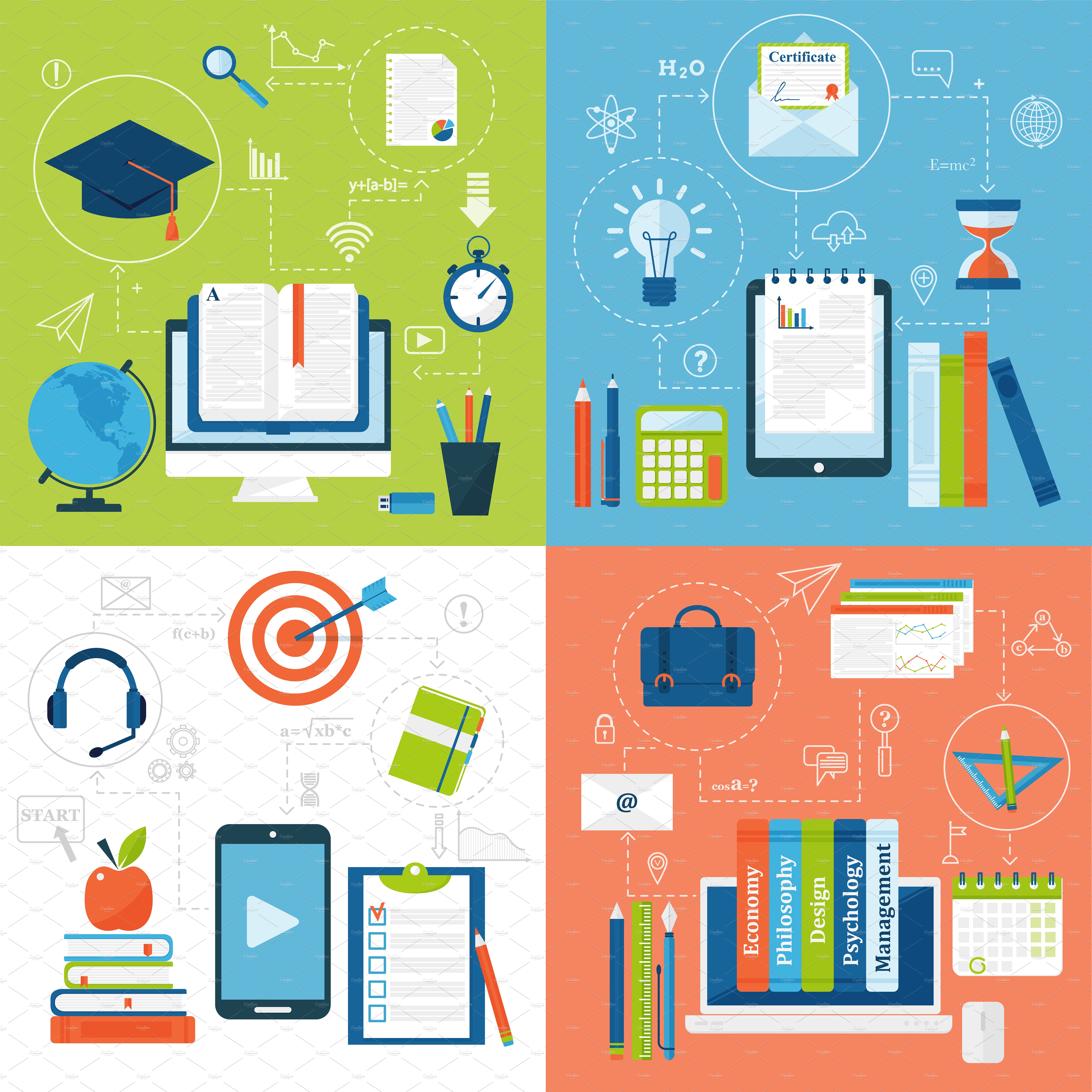 Online education flat vector icons cover image.